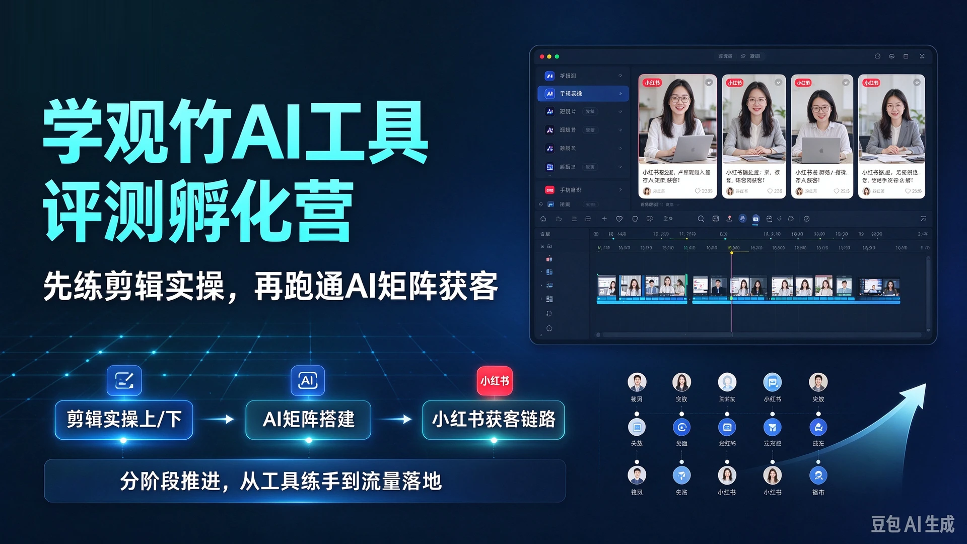 【精】学观竹AI工具评测孵化营第二期, 先练剪辑实操上/下, 再走AI矩阵小红书获客链路, 分阶段推进-知行客