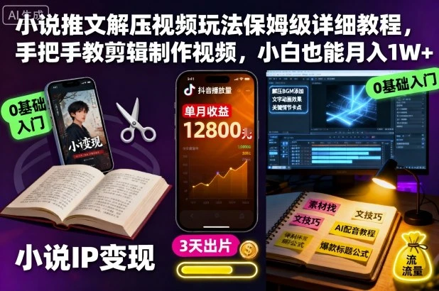 【精】小说推文解压视频玩法保姆级详细教程，手把手教剪辑制作视频，小白也能月入1W+ | 资源下载 - 知行客网赚项目-副业赚钱-互联网创业-资源整合知行客