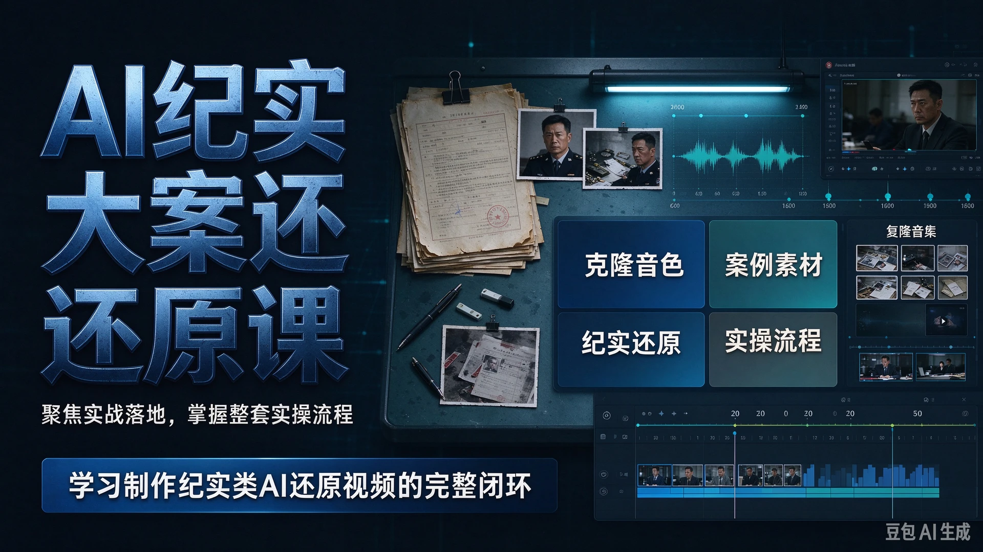 AI纪实大案还原课聚焦实战落地，依托克隆音色与案例素材，学习制作纪实类AI还原视频的整套实操流程-知行客