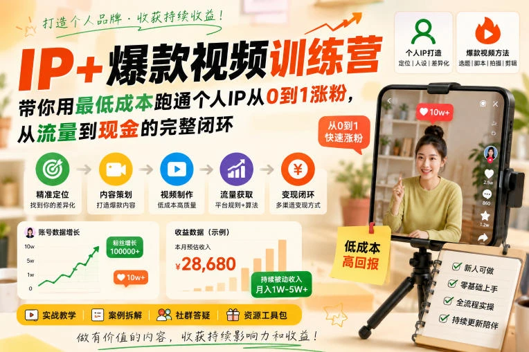 【精】AI+IP爆款视频训练营，带你用最低成本跑通个人IP从0到1涨粉，从流量到现金的完整闭环-知行客