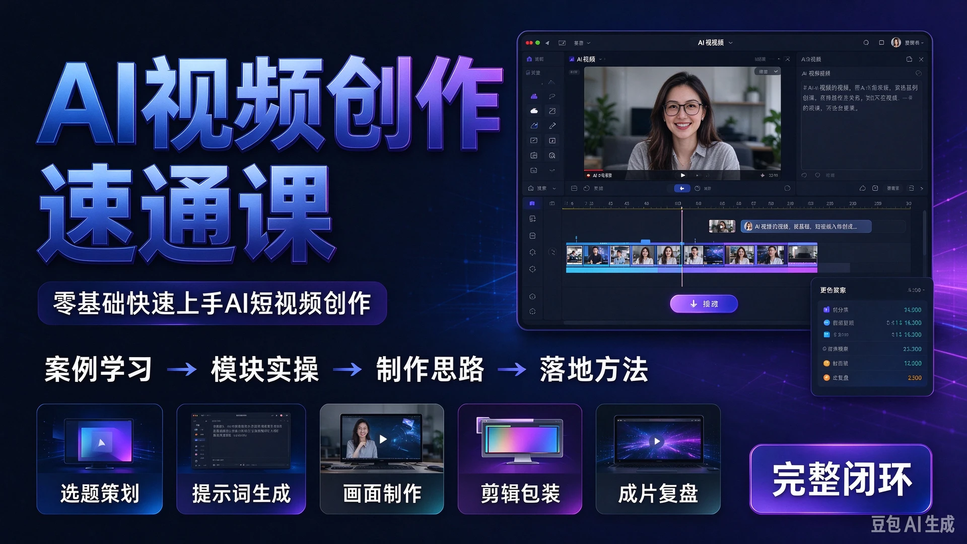 【精】AI视频创作速通课，带你参考真实客户案例学习五大模块实操内容，掌握AI视频制作思路与落地方法，适合零基础快速上手AI短视频创作人群的完整闭环-知行客