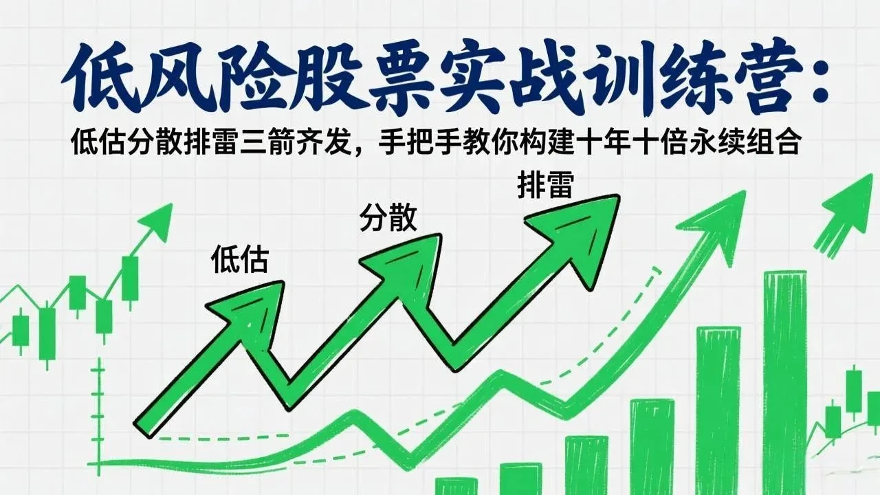 【精】低风险股票实战训练营：低估分散排雷三箭齐发，手把手教你构建十年十倍永续组合网赚项目-副业赚钱-互联网创业-资源整合知行客