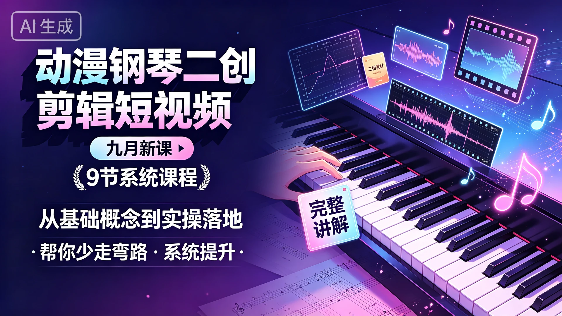 动漫钢琴二创剪辑短视频 九月新课，9 节系统课程，从基础概念到实操落地完整讲解，帮你少走弯路系统提升-知行客