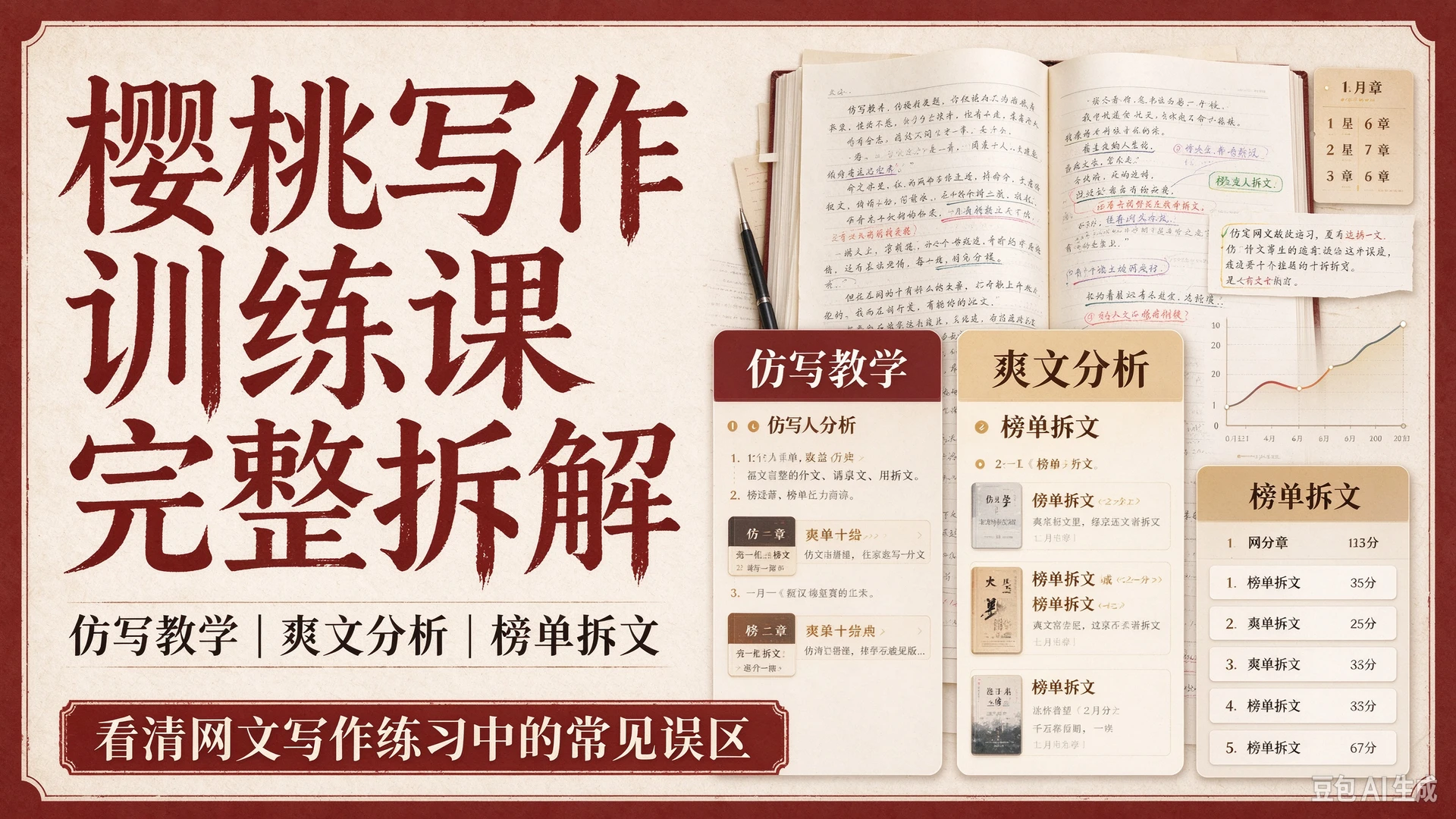 【精】樱桃写作训练课完整拆解，包含仿写教学、爽文分析与榜单拆文，帮写作者看清网文写作练习中的常见误区-知行客