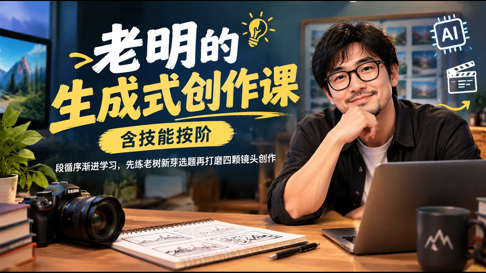 【精】老明的生成式创作课含技能按阶段循序渐进学习，先练老树新芽选题再打磨四颗镜头创作 | 资源下载 - 知行客-知行客