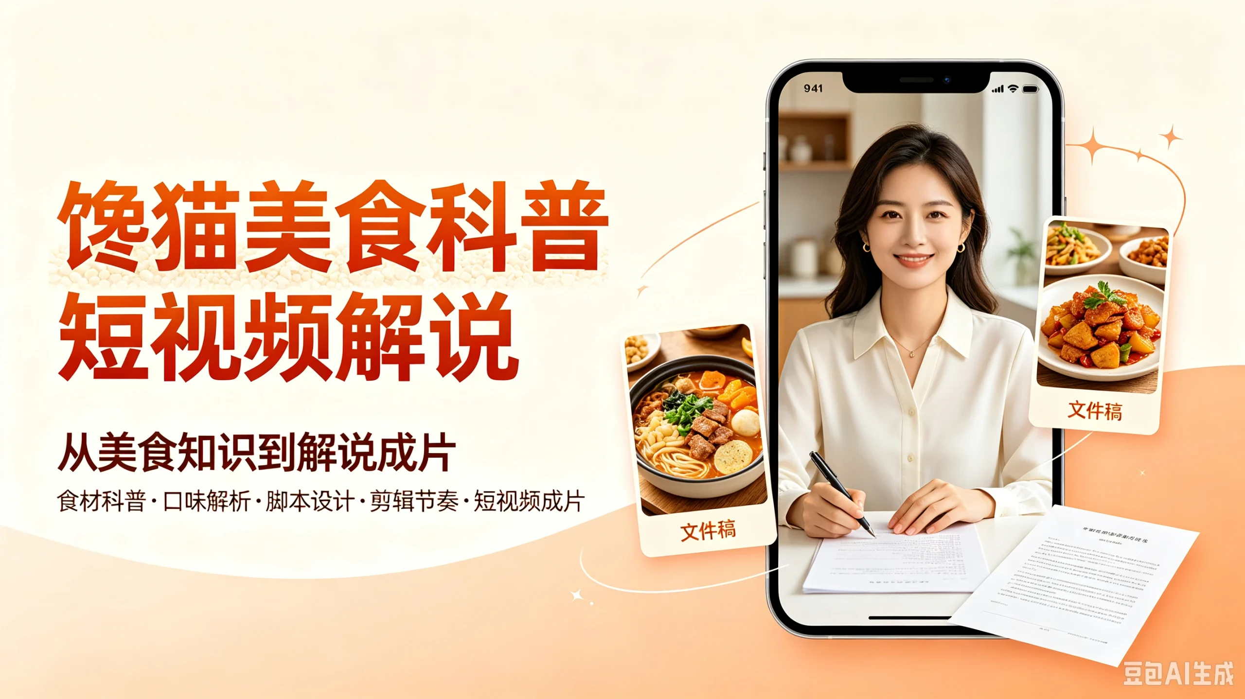 馋猫美食科普短视频解说,从美食知识到解说成片,食材科普、口味解析、脚本设计、剪辑节奏、短视频成片-知行客