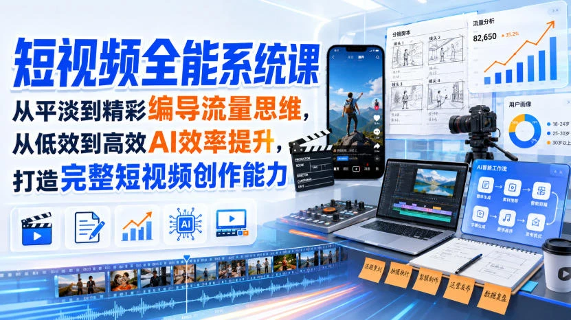 【精】短视频全能系统课，从平淡到精彩编导流量思维，从低效到高效AI效率提升，打造完整短视频创作能力（完整版）-知行客