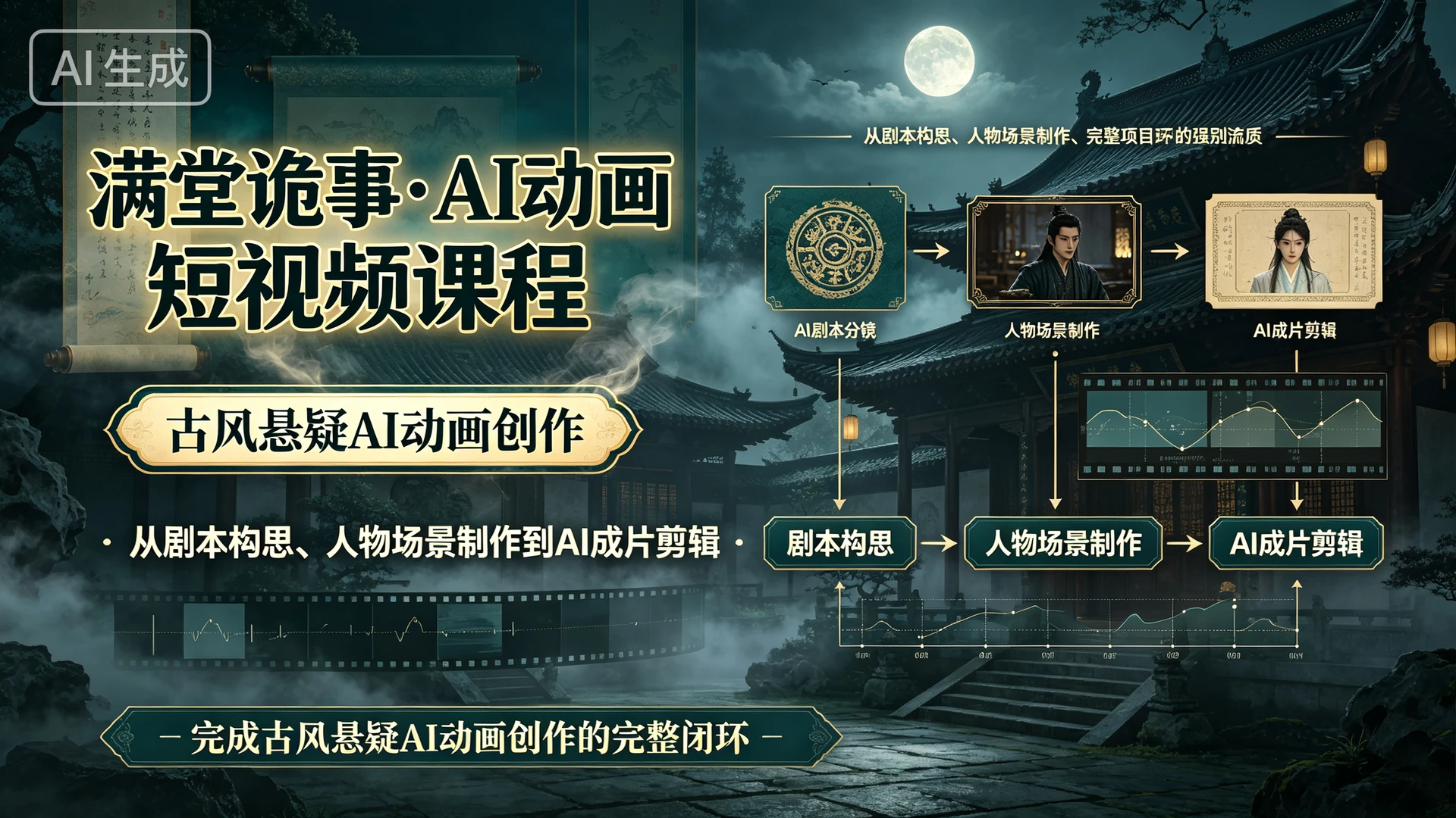 【精】满堂诡事・AI动画短视频课程，带你从剧本构思、人物场景制作到AI成片剪辑，完成古风悬疑AI动画创作的完整闭环-知行客