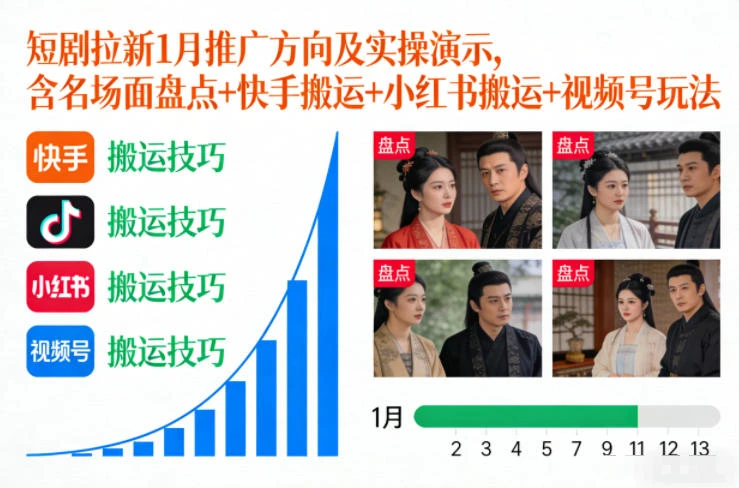 短剧拉新1月推广方向及实操演示，含名场面盘点+快手搬运+小红书搬运+视频号玩法网赚项目-副业赚钱-互联网创业-资源整合知行客